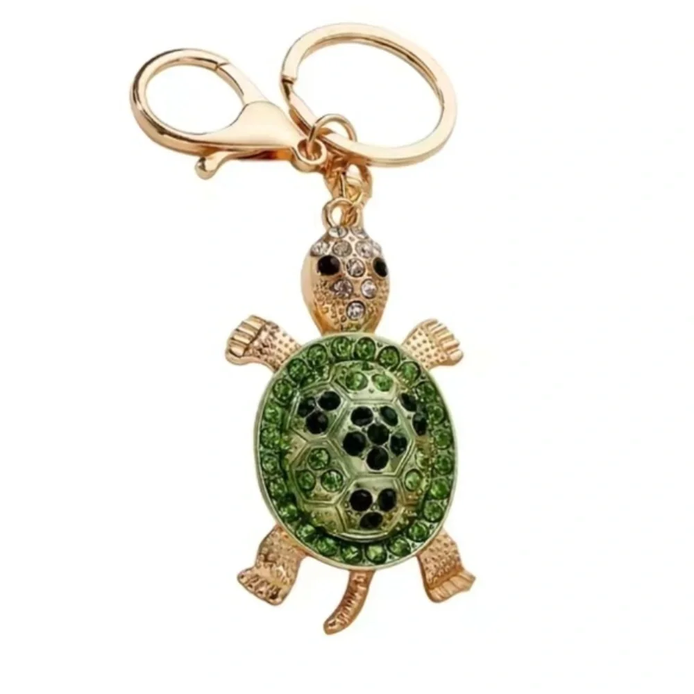 Green and Gold Tone Sea Turtle Tortoise Rhinestone Keychain Bag Charm Pendent